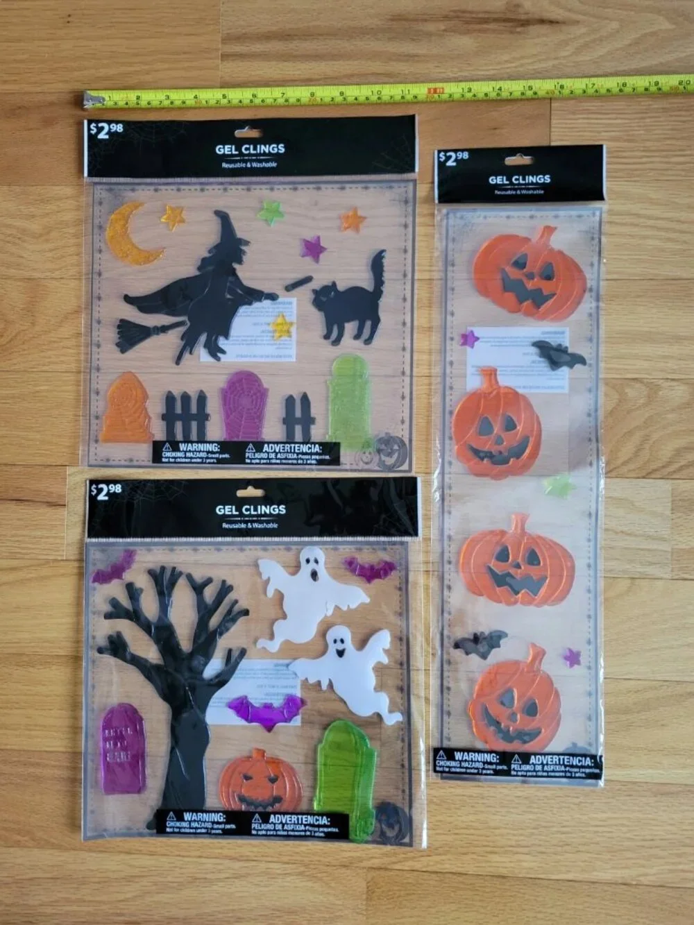 3 Pack Halloween Window Gel Clings: 33 Count PUMPKINS CATS GHOST Decorations NEW